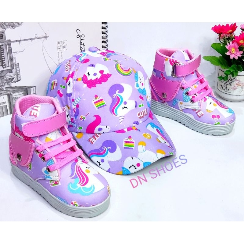Paket Sepatu Anak Perempuan Topi Anak Lucu Paket Boots Anak Topi Pet Anak Karakter Unicorn Ungu Cute Usia 1 - 7 Tahun