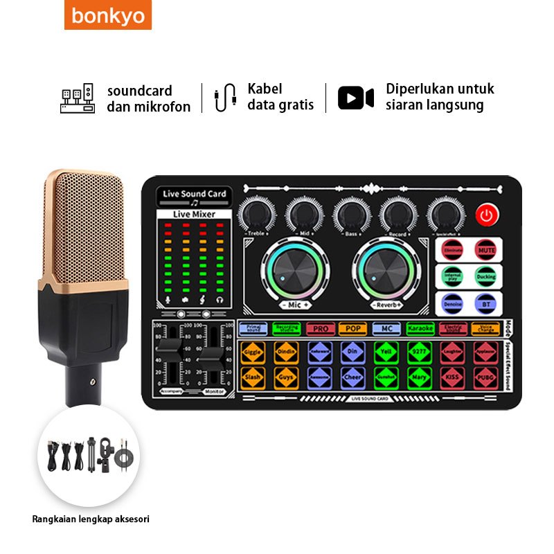 Bonkyo F999 Soundcard dan M998 micphone set live dedicated microphone soundcard Bluetooth compatible External Wireless DJ Mixer