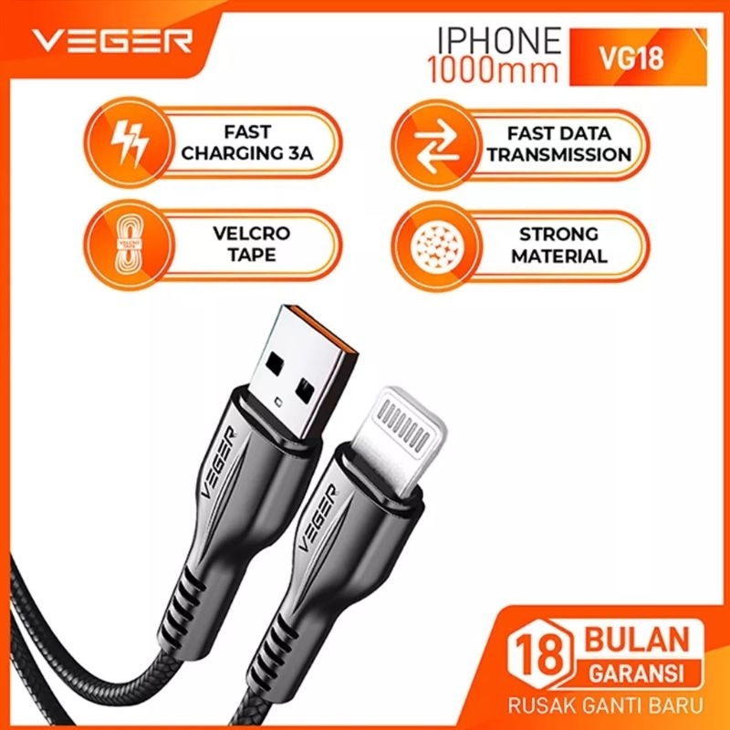 ✅❗NEW❗ VEGER VG-18 Kabel Data Cable Lightning For iPhone &amp; iPad ( 1M / 100cm / 1000mm ) VG18 L