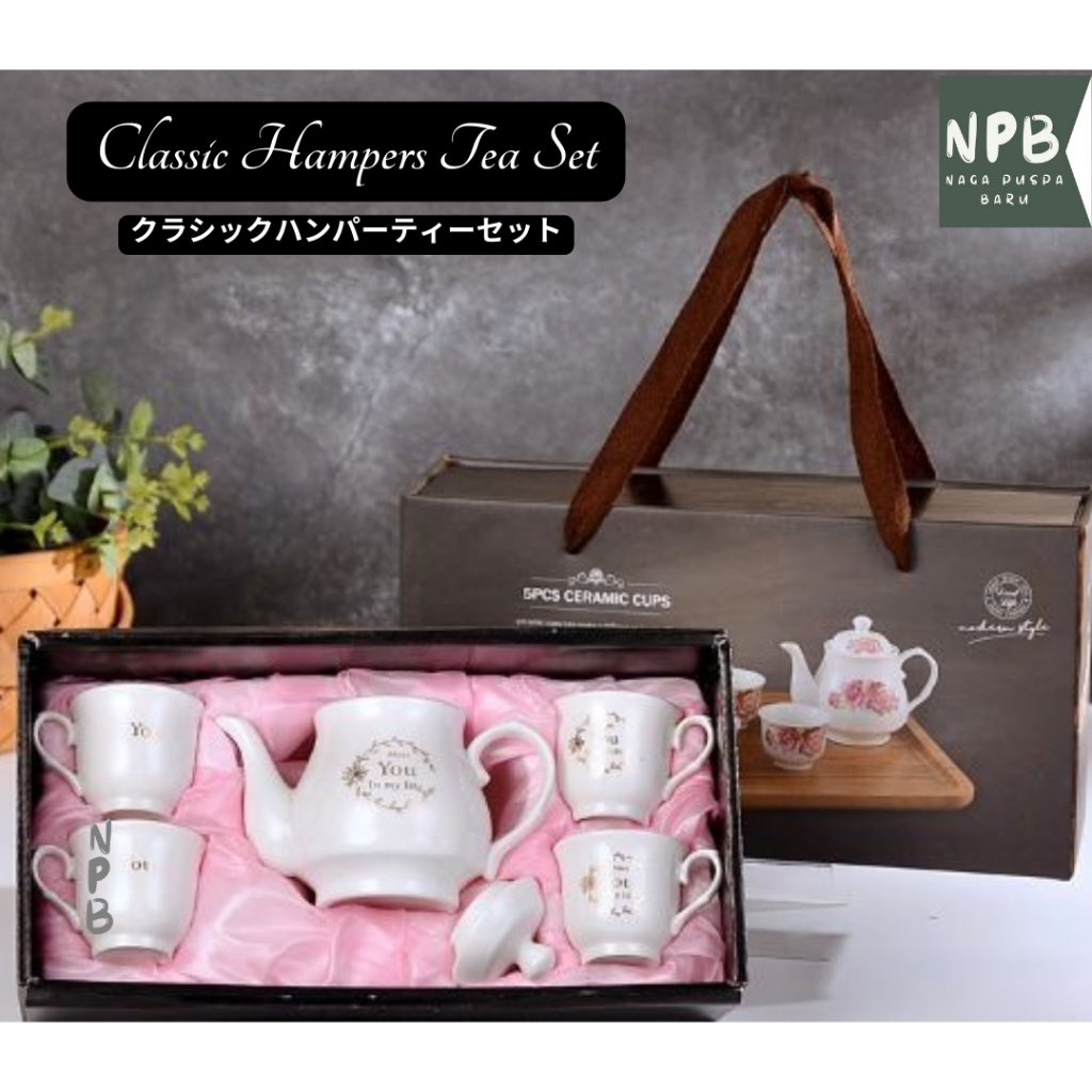 Set Hampers 1 Teko 4 Cangkir Keramik Putih - Classic Hampers Tea Set