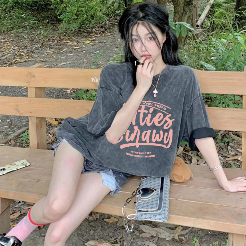 Print Washed T-shirt Kaos Lengan Pendek Oversize Pink English Design Women Korean Style Atasan Wanita