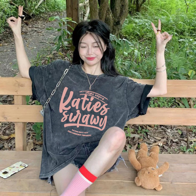 Print Washed T-shirt Kaos Lengan Pendek Oversize Pink English Design Women Korean Style Atasan Wanita