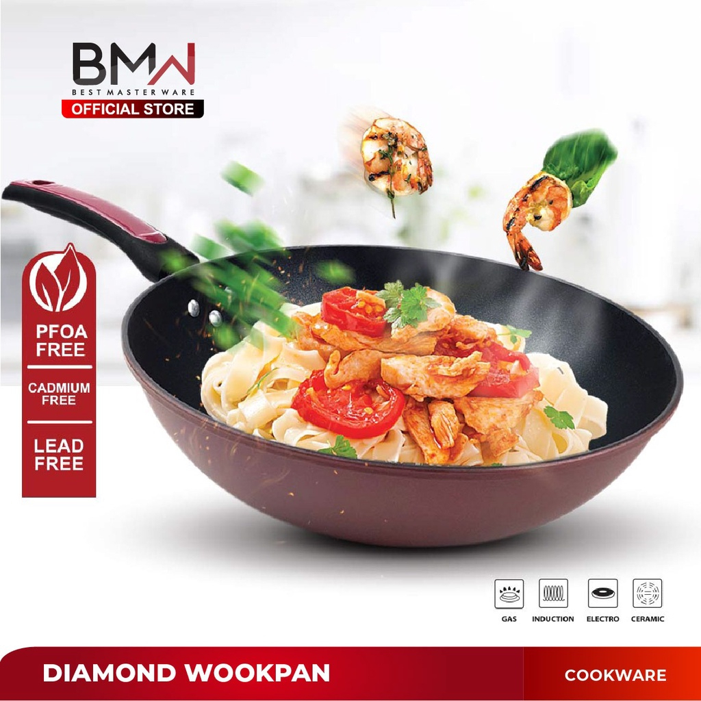 BMW Diamond Wok Pan 32 Cm Non Sticky / Wajan Penggorengan Anti Lengket Stainless Steel