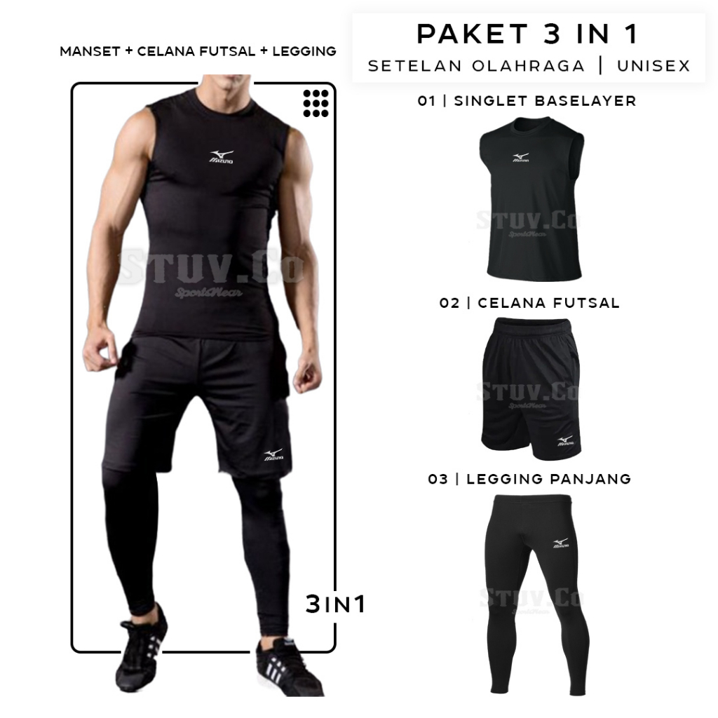 PAKET 3IN1 OLAHRAGA MANSET BASELAYER TANPA LENGAN LEGGING PANJANG DAN CELANA FUTSAL