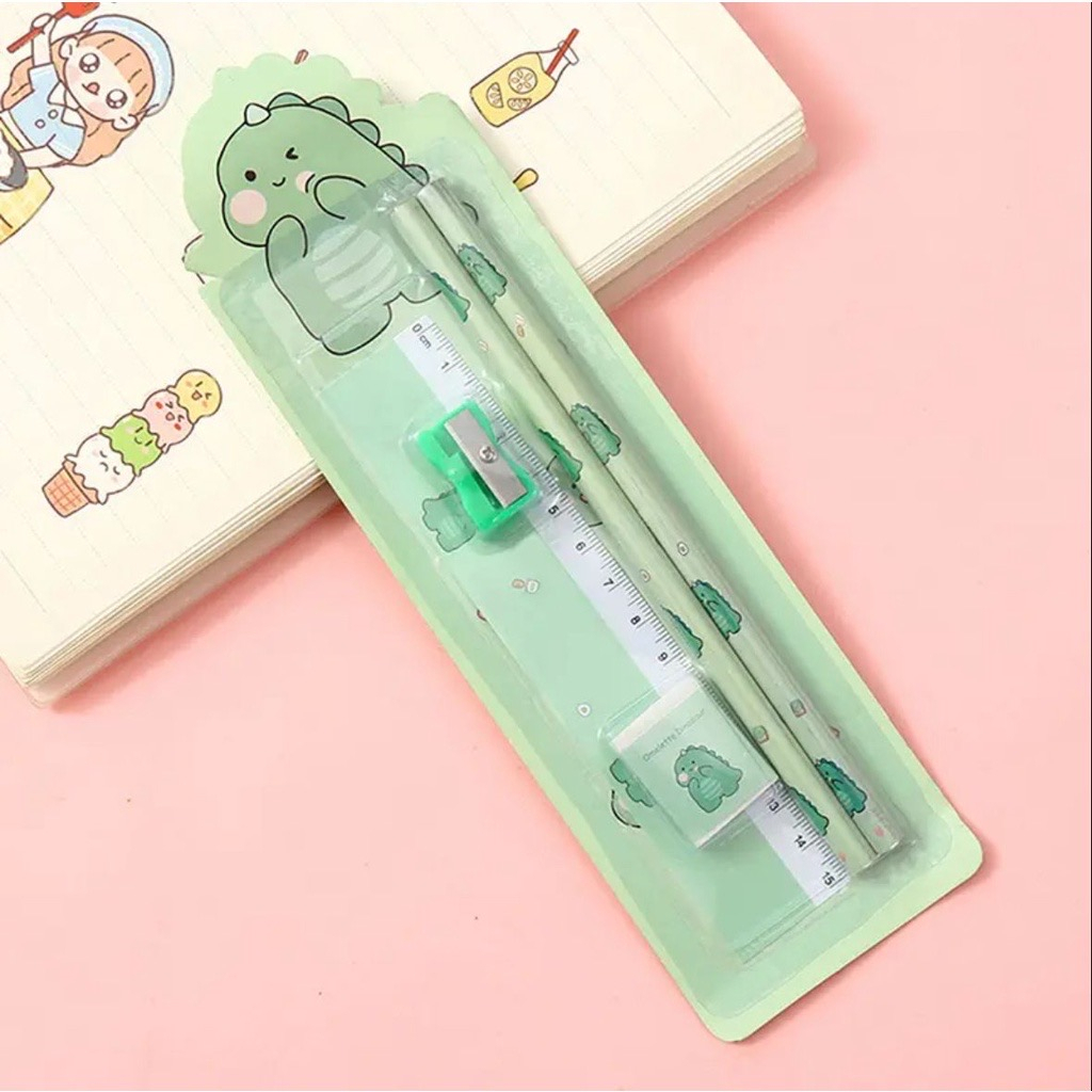 Alat Tulis Sekolah Set 5in1 Pensil Penghapus Penggaris Rautan Gambar Lucu