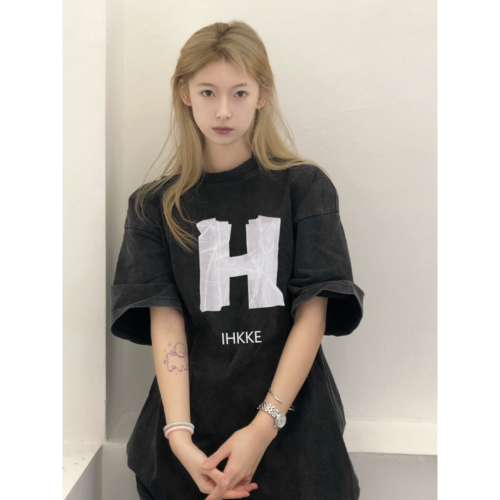 EUNII T-shirt Lengan Pendek Black Washed Vintage H Letter Printing Korean Style/Kaos Atasan Wanita/Baju Wanita