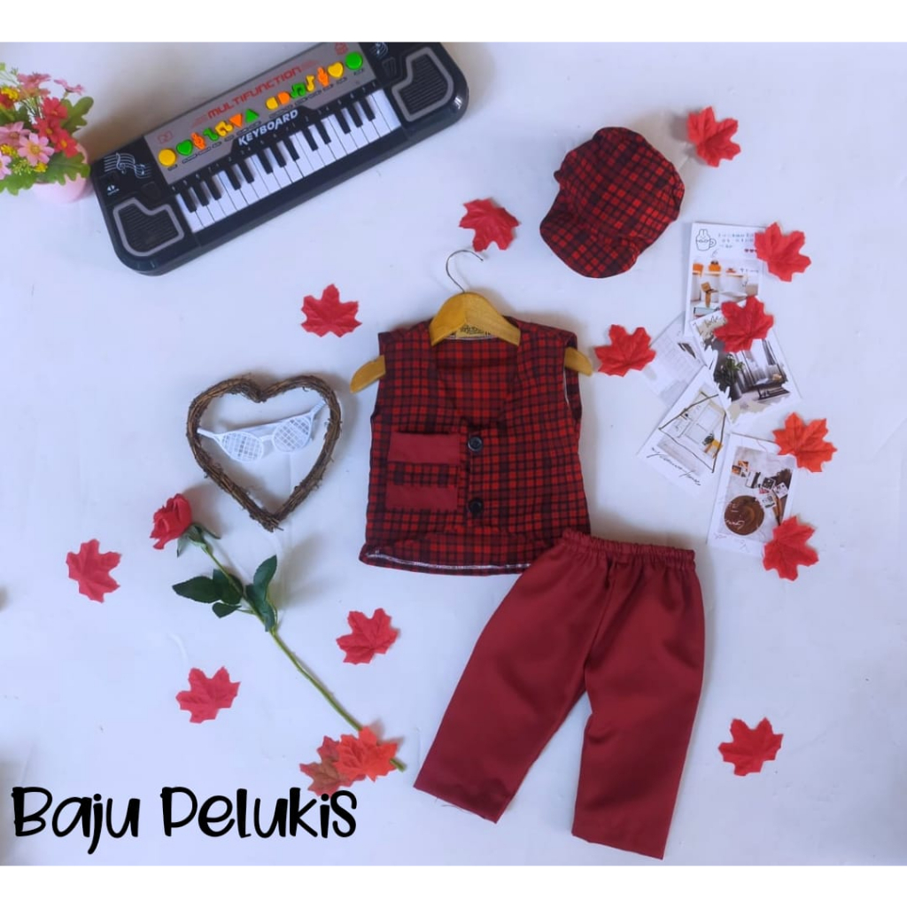 Baju Pelukis Anak Warna Merah / Set Baju Unik Anak / Kostum Anak Unik