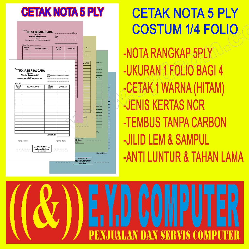 

CETAK NOTA 5 PLY 1 FOLIO BAGI 4 KERTAS NCR COSTUM ISI NOTA RANGKAP CEK BON KWITANSI SURAT JALAN