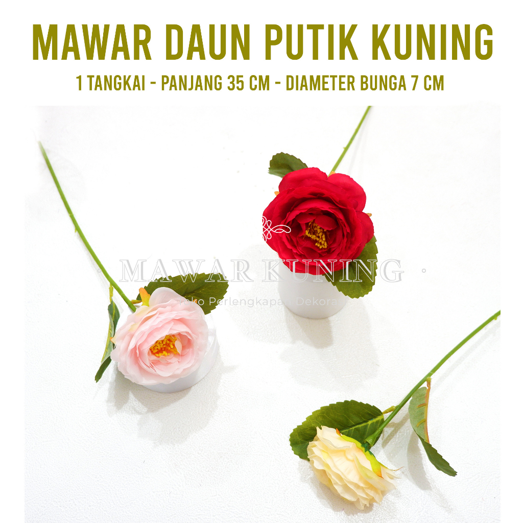 [ 1 Tangkai ] Artifisial Bunga Mawar Daun Putik Kuning / Artifisial Bunga Dekorasi Palsu