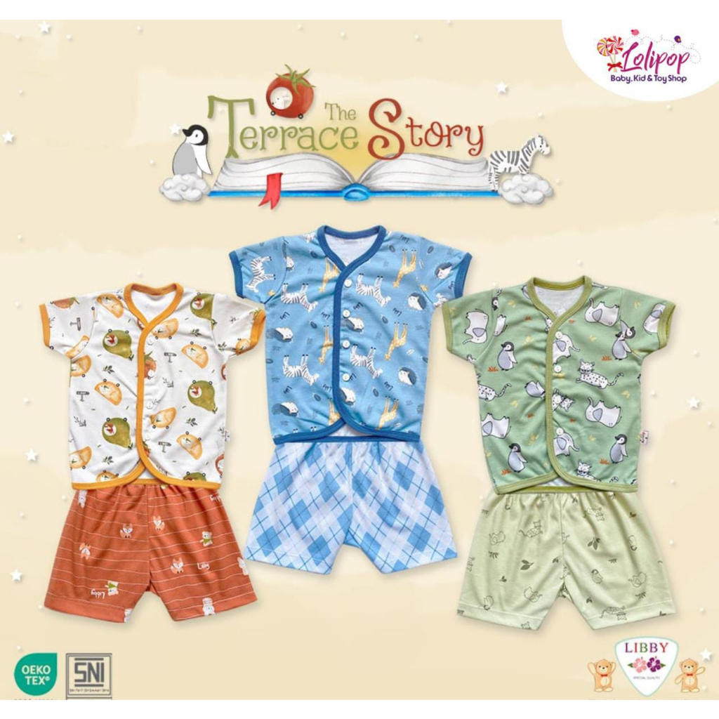 LIBBY Setelan Baju Baby Pendek Kancing Depan Motif Terrace Story (1stel)