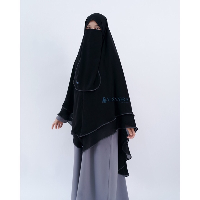 PRELOVED Khimar Syari Shofa Bisban 2 layer Chiffon Jetblack Free Cadar Tali Alsyahra Exclusive Size 