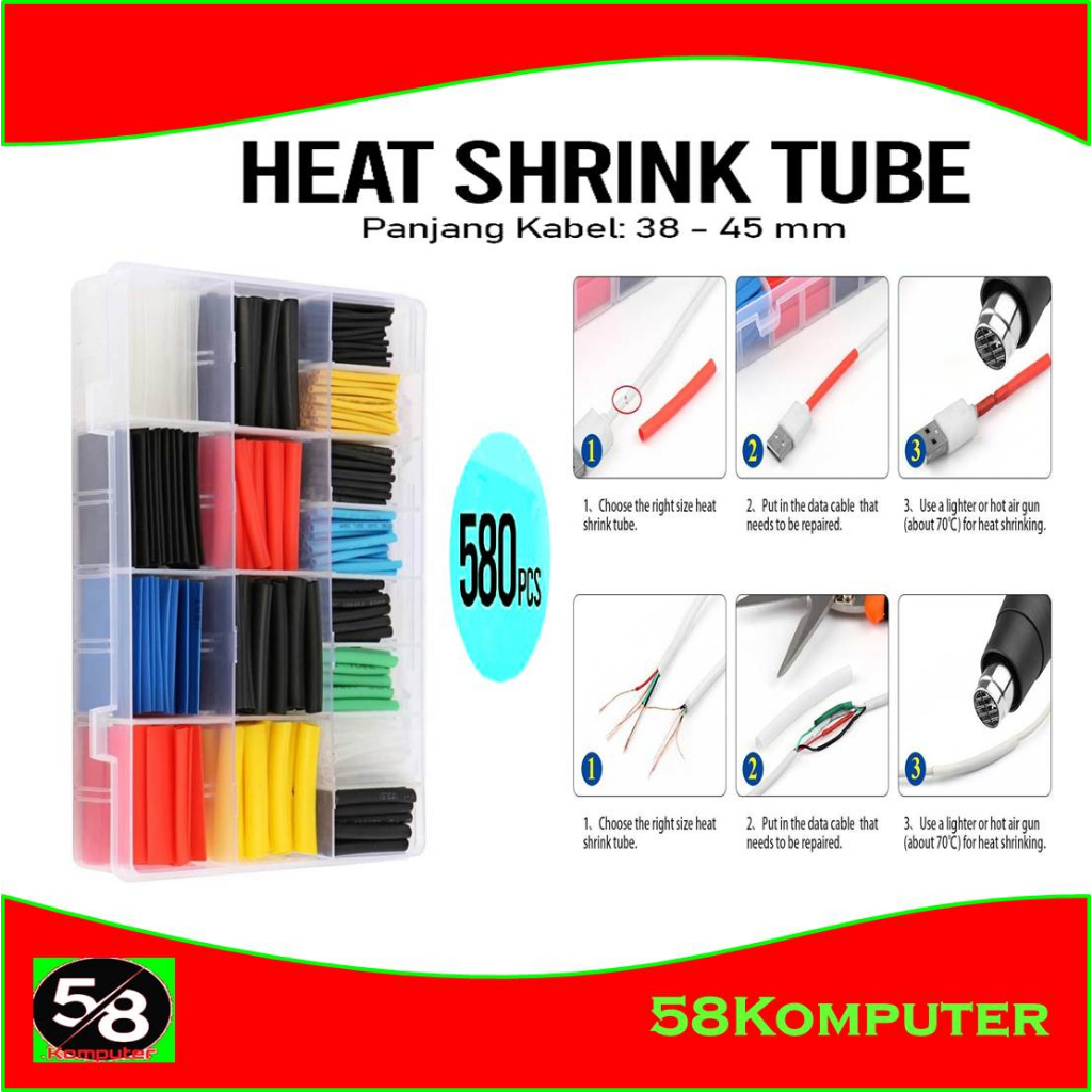 Solasi Bakar / Heatshrink Tube / Selongsong Kabel Bakar / Karet Bakar 580 Pcs Selongsong Pelapis Kabel Insulasi Heat Shrink Tube 580 Pcs Tube Bakar Listrik Mobil Selongsong Kabel Bakar Heat Shrink Tube Cable
