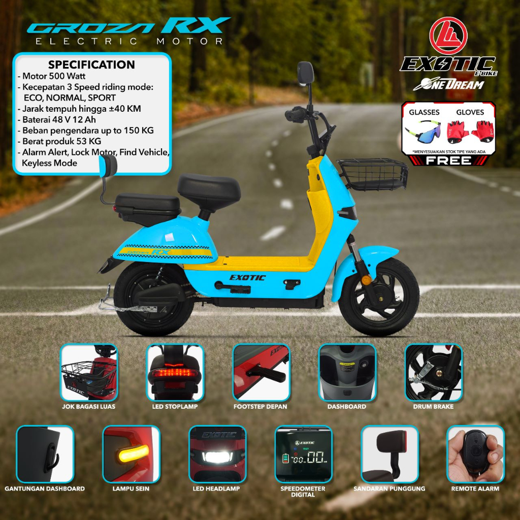 SEPEDA LISTRIK E BIKE E MOPED EXOTIC GROZA RX FREE SARUNG TANGAN DAN KACAMATA