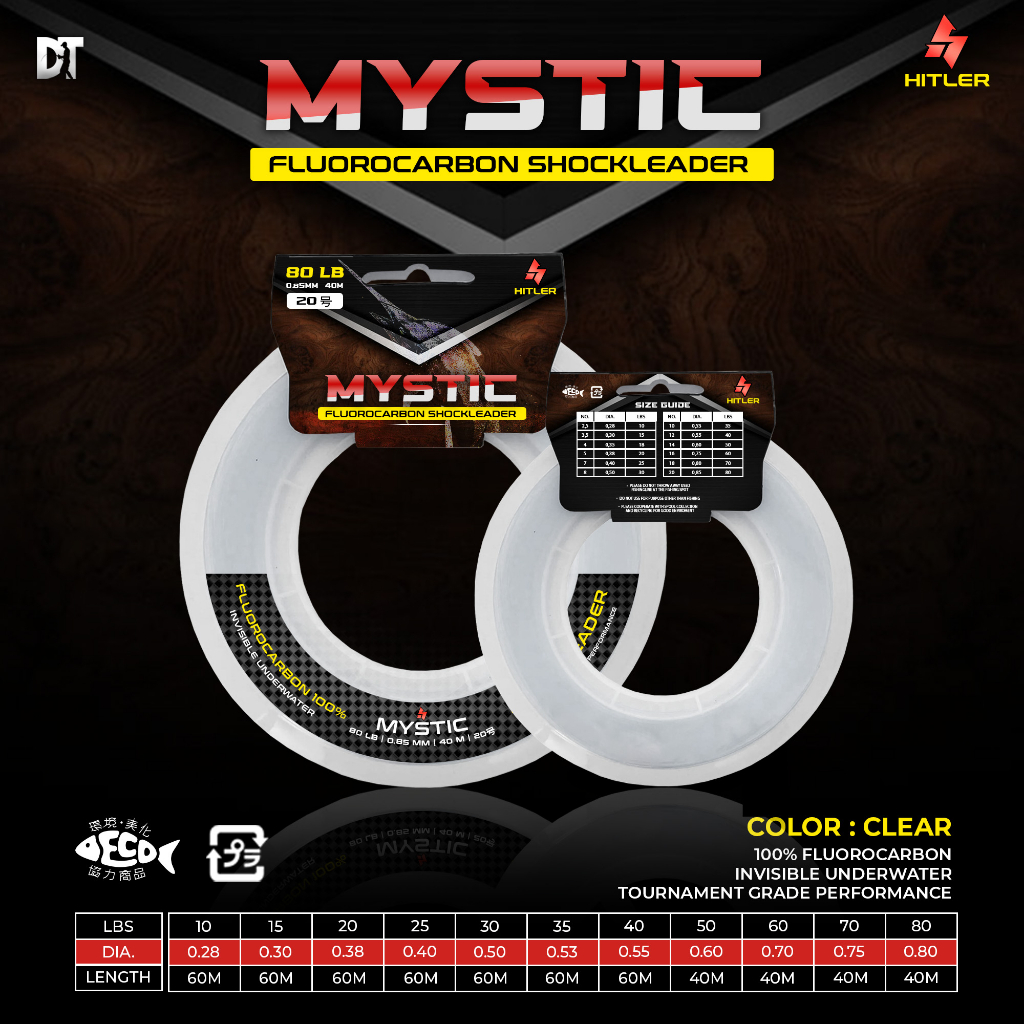 Mystic Fluorocarbon | GT Leader | Kenzi Shock Leader | Senar Pancing 10 15 20 25 30 35 40 50 60 70 8