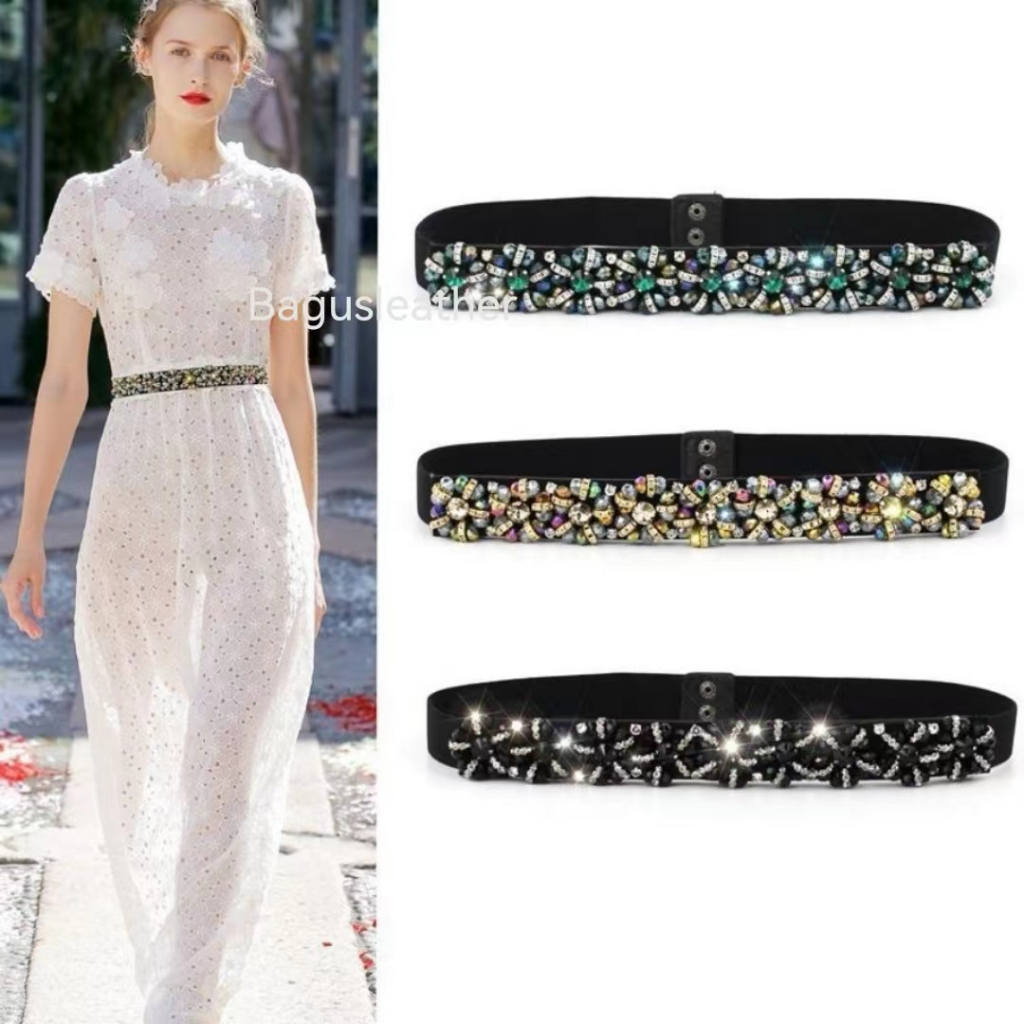 BGS-295 Belt Wanita Bunga Crystal, Ikat Pinggang Wanita Mutiara Elastis, Gesper wanita Import Kekinian Fashion