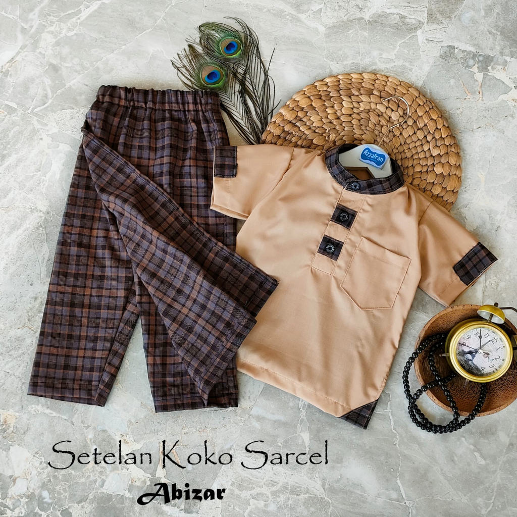 Setelan Koko Sarcel Abizair / Koko Muslim Anak Warna Coksu Motif Kotak - Kotak /  Koko Bagus Anak