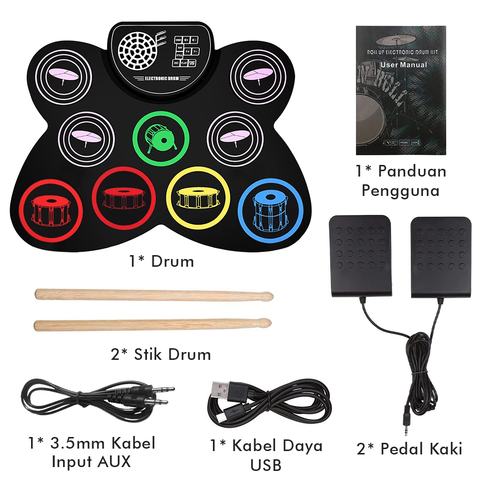 Rixton 9 Pads Electronic Drum Set Roll-Up Silicone Digital Drum Built-in Speaker Tabletop Practice