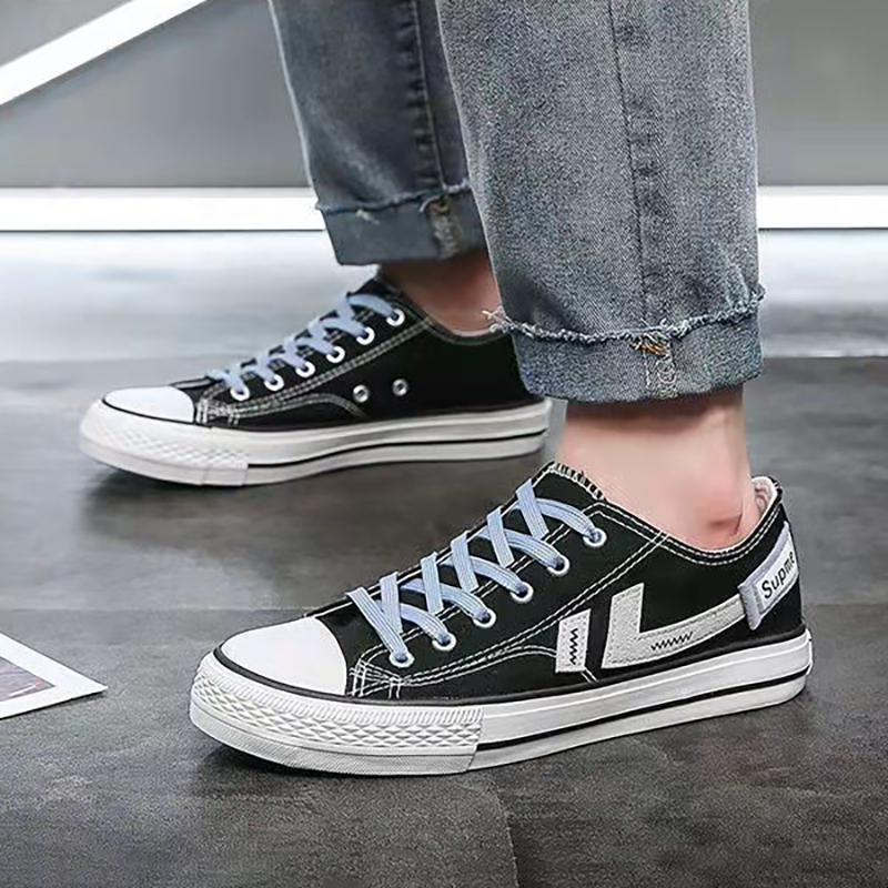 Highland Sepatu Pria Hitam Sepatu Kanvas Sekolah Kerja Olahraga Sepatu Cowok Keren Sneakers Motif Kekinian Casual Tali Fashion MC310