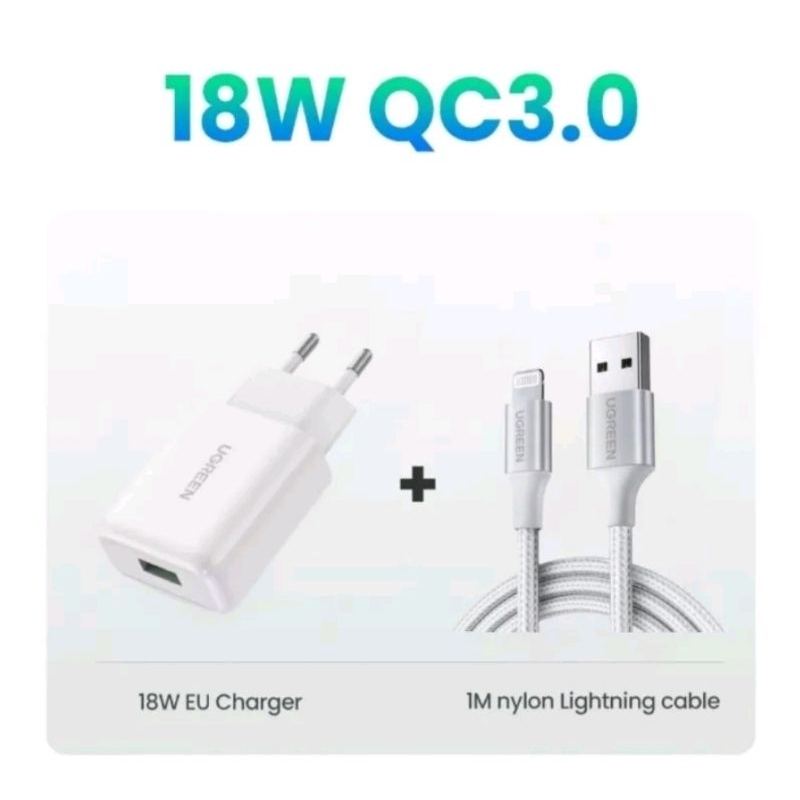 Ugreen Charger iPhone 18W Qc 3.0 For iPhone 12 13 14 11 Pro 8 SE X XR XS - Kabel Lightning MFi Original