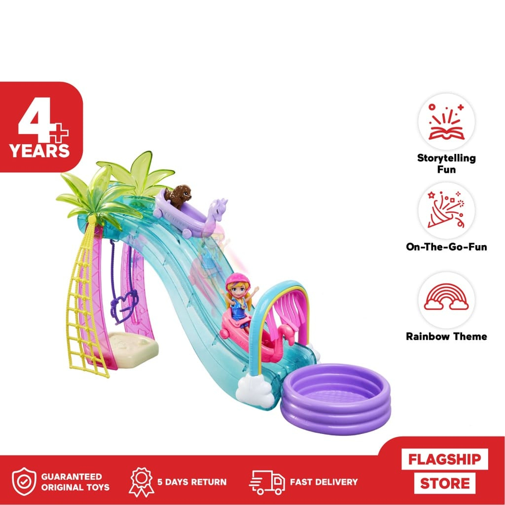 FISHER PRICE (HDW63) POLLY POCKET SLIDE AND SPLASH RIDE PARK / SUNSHINE SPLASH PARK / mainan perosotan miniatur / barbie / boneka