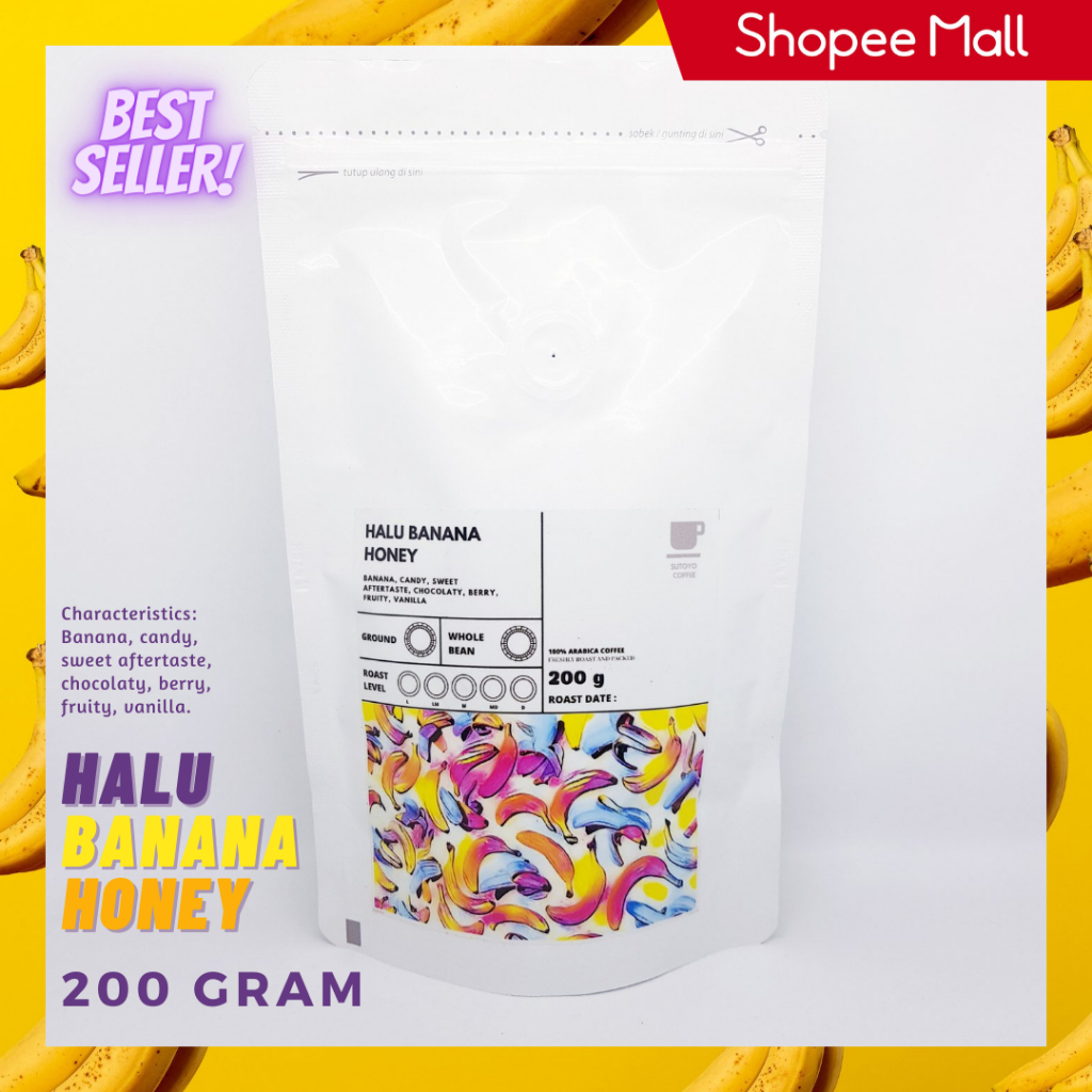 

SUTOYO COFFEE - Kopi Arabika Halu Banana Honey Process 200 Gram | Single Origin | Specialty Coffee | Roast Beans | Biji dan Bubuk