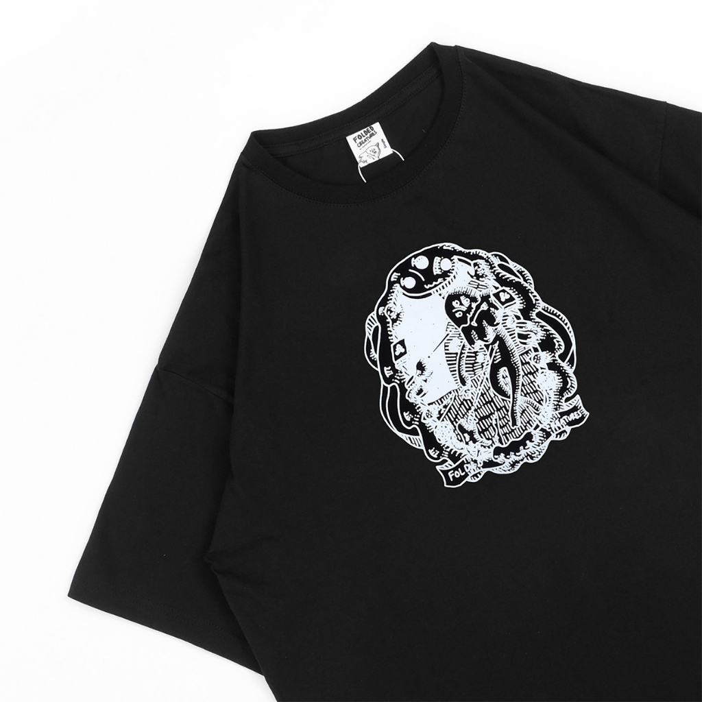 FOLDED CREATURES BY PEANUT STAIN - Battle Of Edelweiss Black  Wide Shoulder Oversized Tshirt