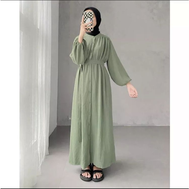 KEYLA GAMIS LEBARAN 2023 MODEL GAMIS TERBARU FULL KANCING CRINKLE AIRFLOW LD 110 // Dress wanita Crinkle Airflow premium LD 110 Kancing Depan Full Hidup Busui Friendly Free Belt Model Terbaru Outfit Lebaran