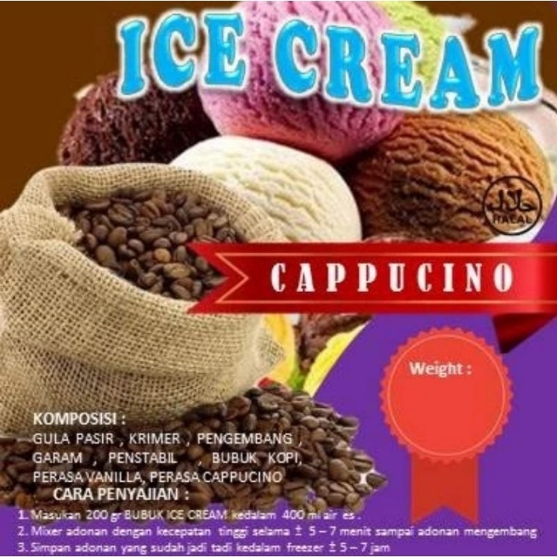 

Bubuk Ice Cream / Bubuk Es Krim Cappucino 1kg / Bubuk Ice Cream Murah Batavia / Bubuk Soft Ice Cream / Bubuk Hard Ice Cream Batavia / Bahan Ice Cream Batavia
