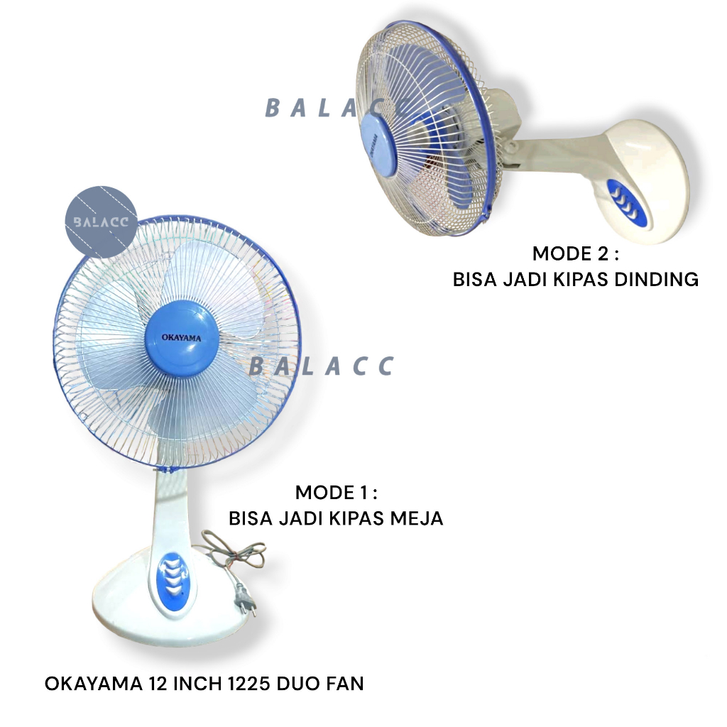 Okayama 12 inch - 1225 Duo Fan - Kipas Angin 2IN1 - Meja &amp; Dinding - Wall Desk