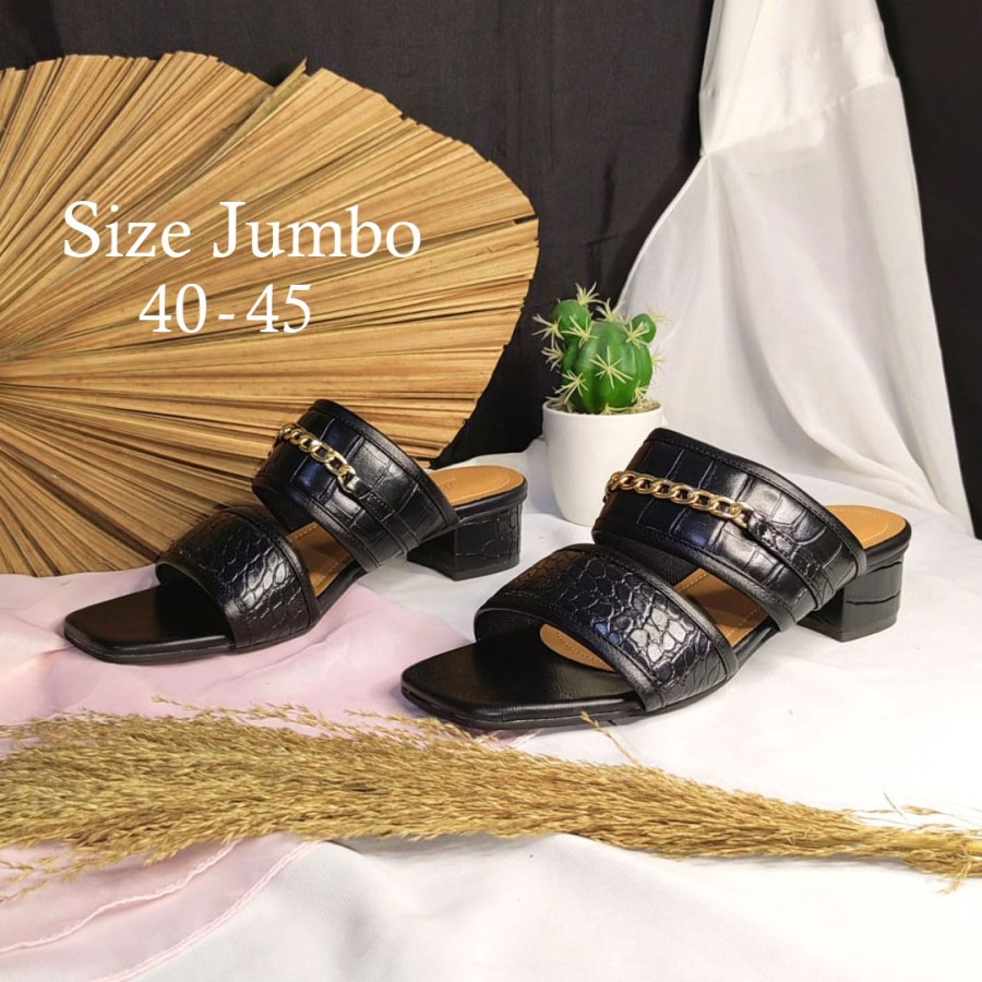 Alona - Heels Strap Kulit Croco - Sandal Wanita (Ukuran Kaki Jumbo Besar Big Size Up Size Oversize) Hitam