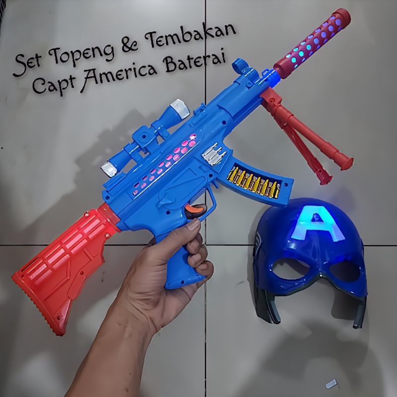 Mainan Set Topeng dan Tembakan Captain America LED Baterai Nyala Lampu Laser dan Bunyi Suara - Cospl