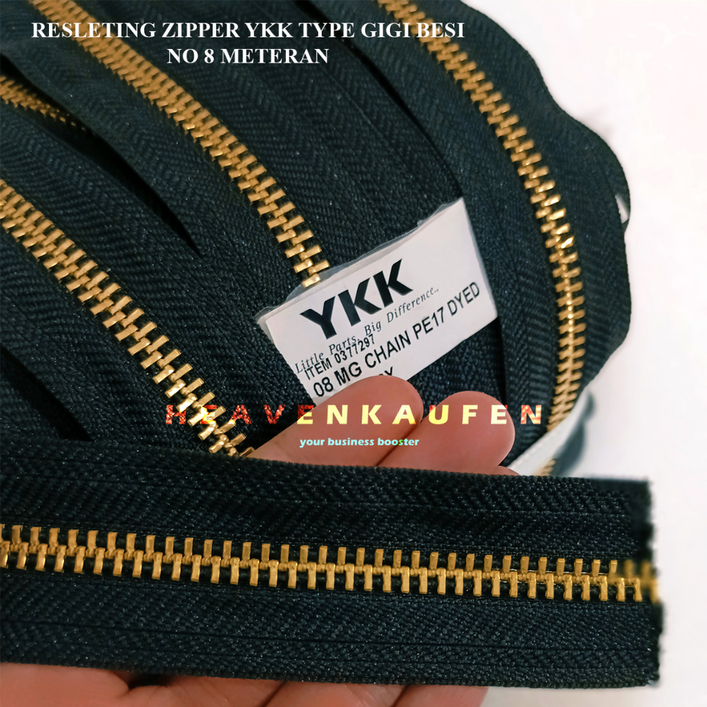 Resleting Zipper Ritsleting YKK Nomor 8 Tye Gigi Besi Warna Hitam - Gold Meteran