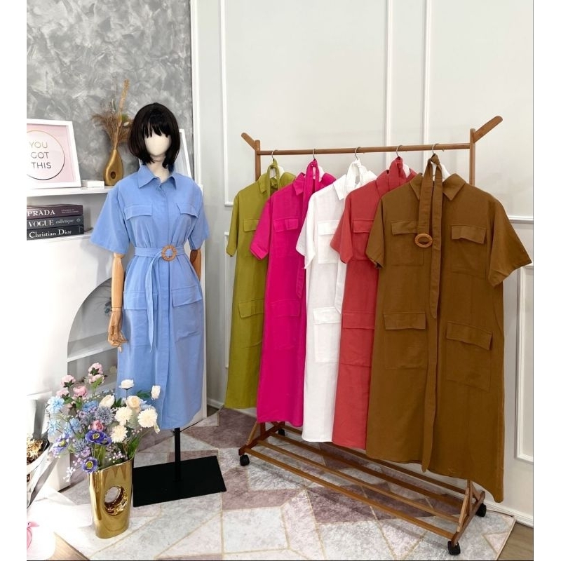 ♡ PREMIUM ♡ ORIGINAL ! CRETTY 4 POCKET LOOSE BUTTON MIDI DRESS WITH BELT ( BUSUI FRIENDLY )