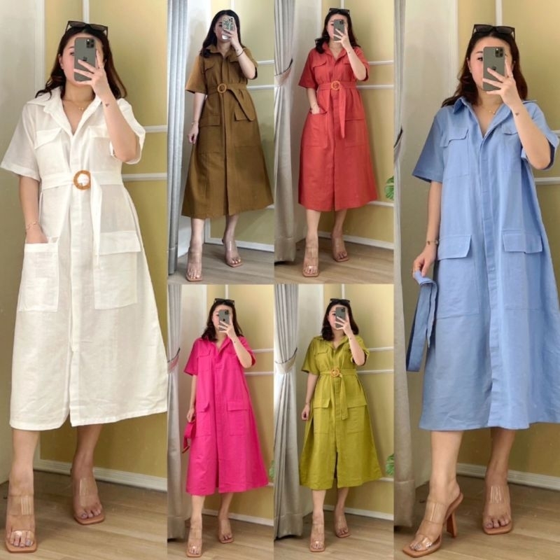 ♡ PREMIUM ♡ ORIGINAL ! CRETTY 4 POCKET LOOSE BUTTON MIDI DRESS WITH BELT ( BUSUI FRIENDLY )