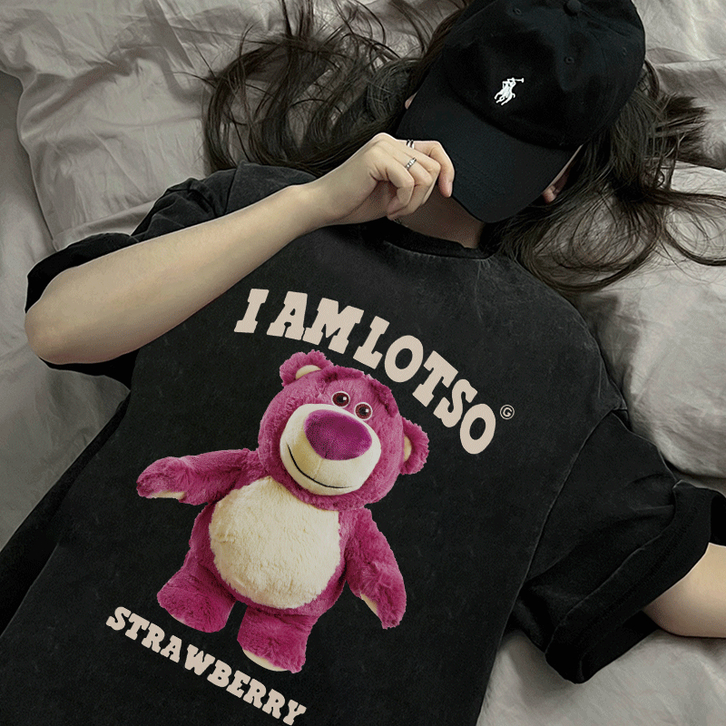 Print Washed T-shirt Kaos Lengan Pendek Oversize Cute Strawberry Bear Korean Style Atasan Wanita