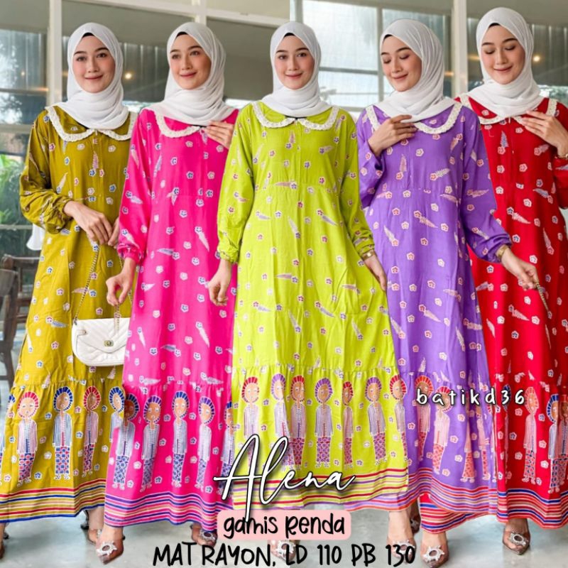 gamis wanita New kerah renda motif Tejo baris Alina ccok untuk ibu remaja Kekinian Bahan Rayon adem