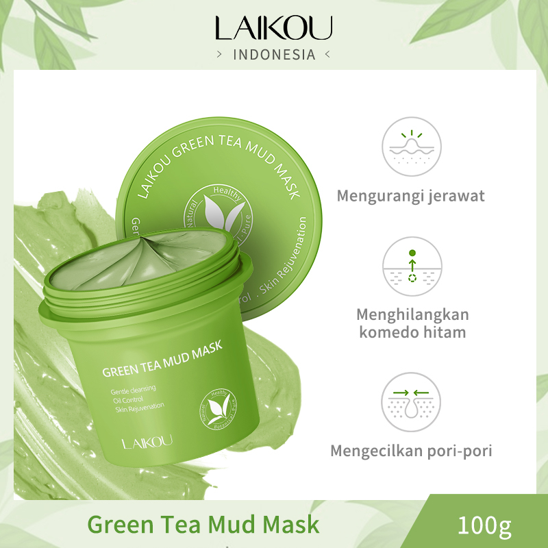 LAIKOU Green Tea Mud Mask Mengontrol Minyak Membersihkan Pori-Pori dan Komedo Melembutkan Kulit 100g