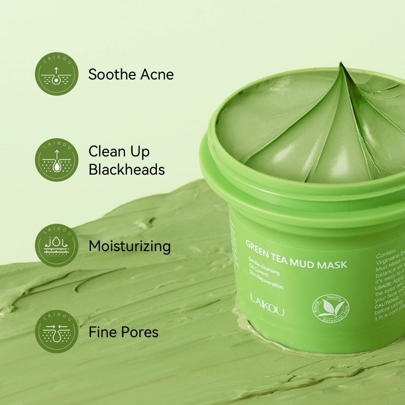 LAIKOU Green Tea Mud Mask Mengontrol Minyak Membersihkan Pori-Pori dan Komedo Melembutkan Kulit 100g