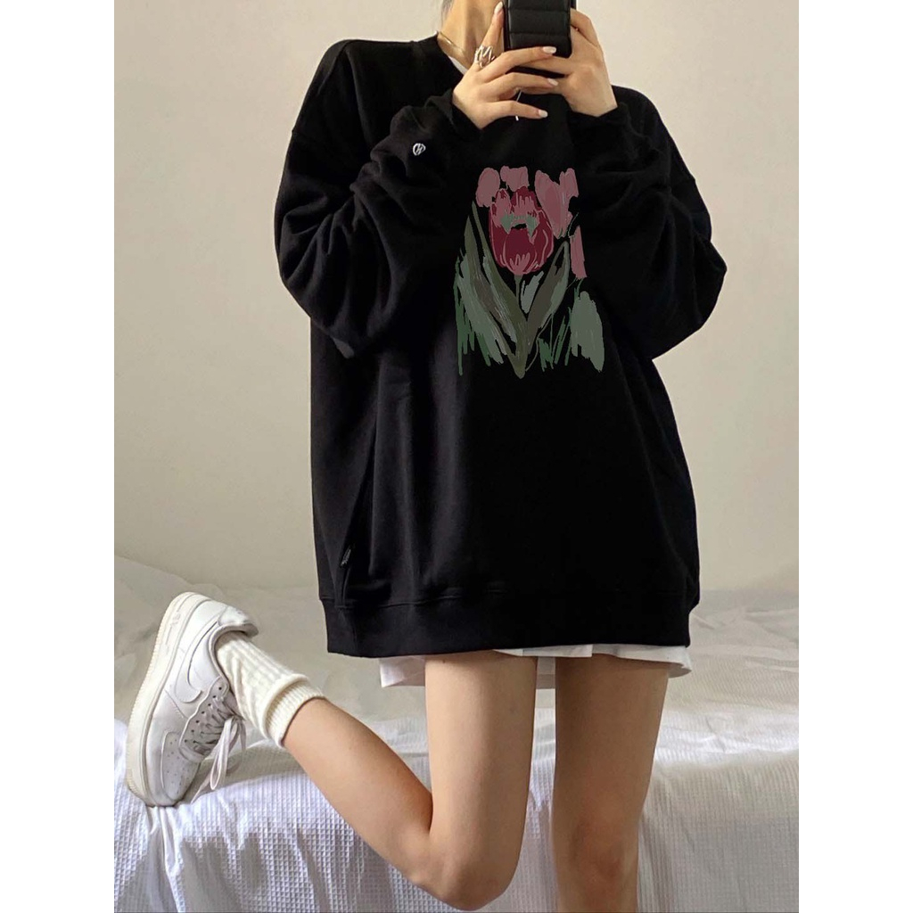 Sweater Oversize Korea Oil Painting Rose Motif Printed Switer Hitam Import Sweter Basic