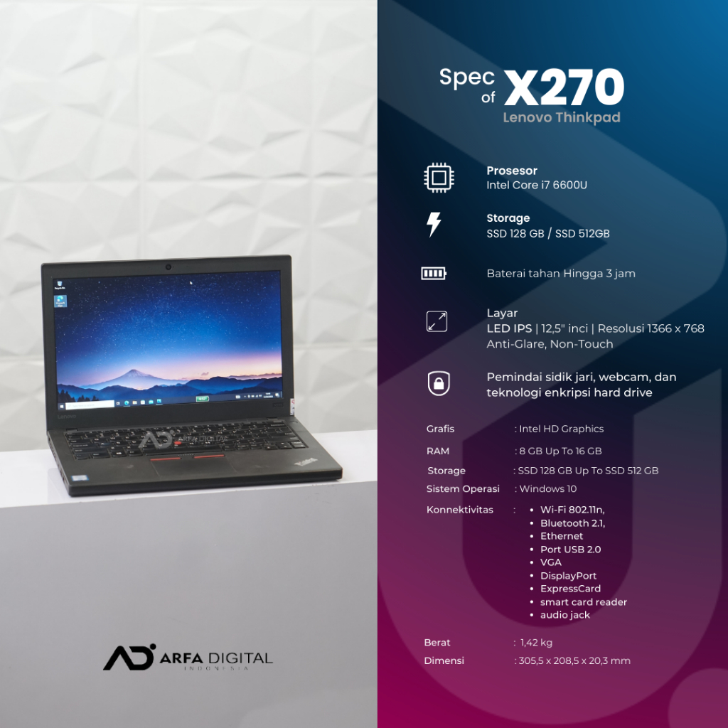 Laptop Lenovo Thinkpad X270 Core i7 Gen 6 Ram 8GB SSD 256GB Bergaransi