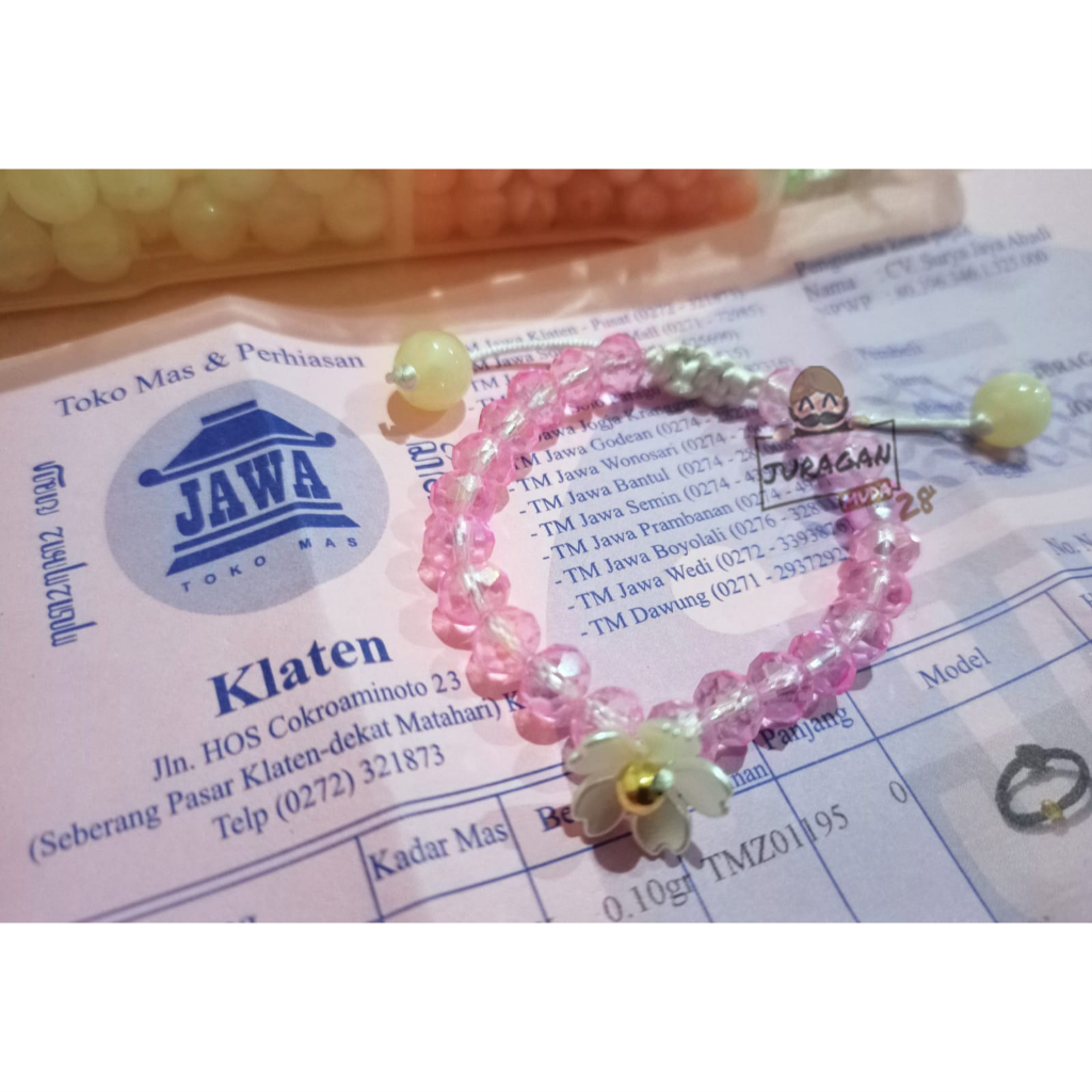 Gelang Tali Cristal Ceko Bunga 1 Liontin Emas Asli karat 10k