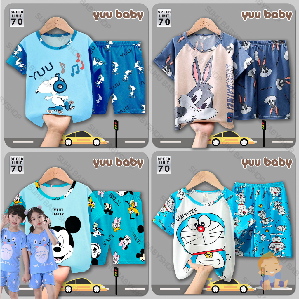 YUU BABY Setelan Anak Kaos IMPORT / Set Baju + Celana Pendek Anak Cowok Cewek / Stelan Bayi Laki Lak