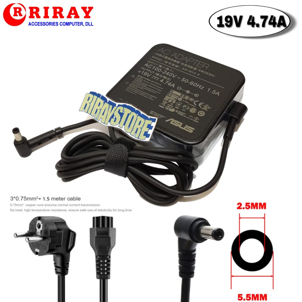 Charger Laptop ASUS A52F A53E A53S A53U A55A A55VD D550CA D550M D550MAV X555D X555DP X555B 19V 4.74A Lengkap dengan Kabel