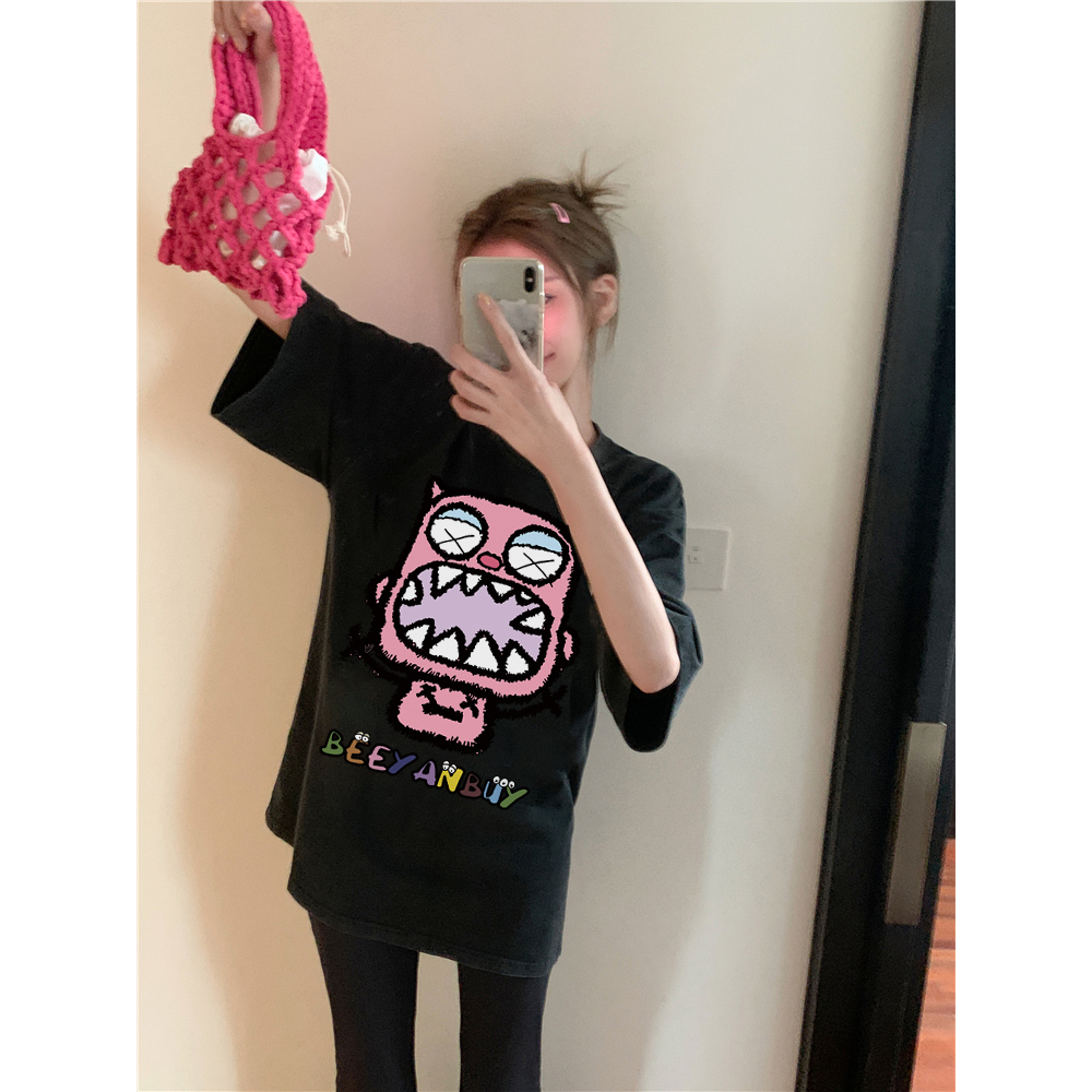 XiaoZhaiNv Kaos Atasan Oversize Wanita Pink little devil  Pattern Lengan Pendek A0918