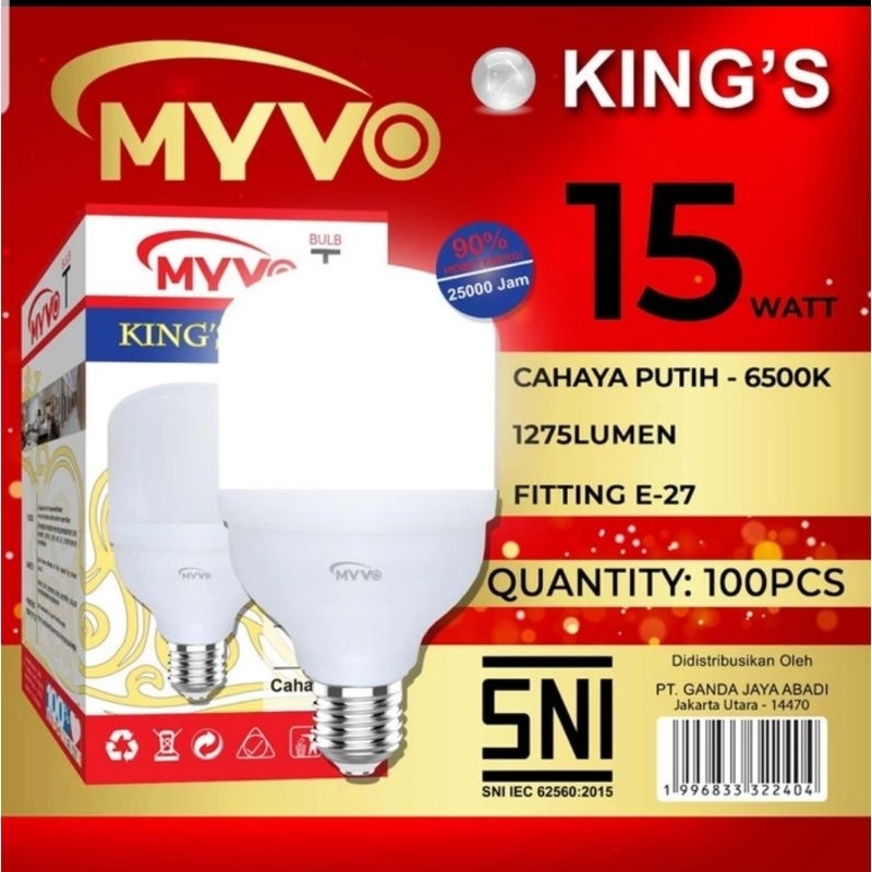 Lampu Led MYVO KING'S 15 Watt 15W Cahaya Putih 6500K &amp; Cahaya Kuning 3000K Garansi 1 Tahun