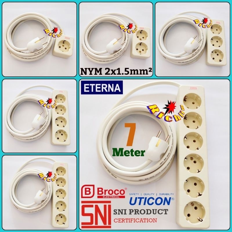 Uticon 1,2,3,4,5,6 lubang Kabel 7 meter NYM  Eterna 2x1,5mm