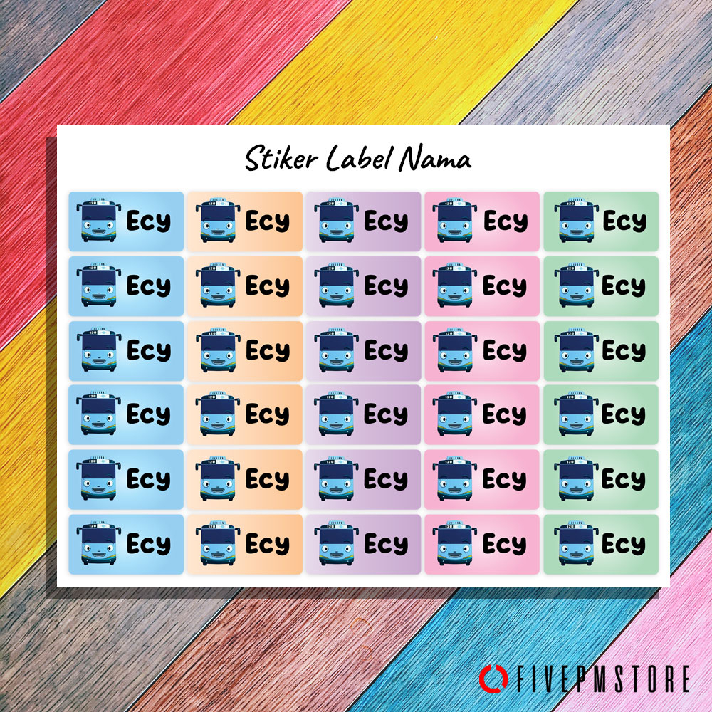 Stiker Custom Label Nama Anti Air Tayo Anak - Label Sticker Botol Minum Buku Anak Sekolah
