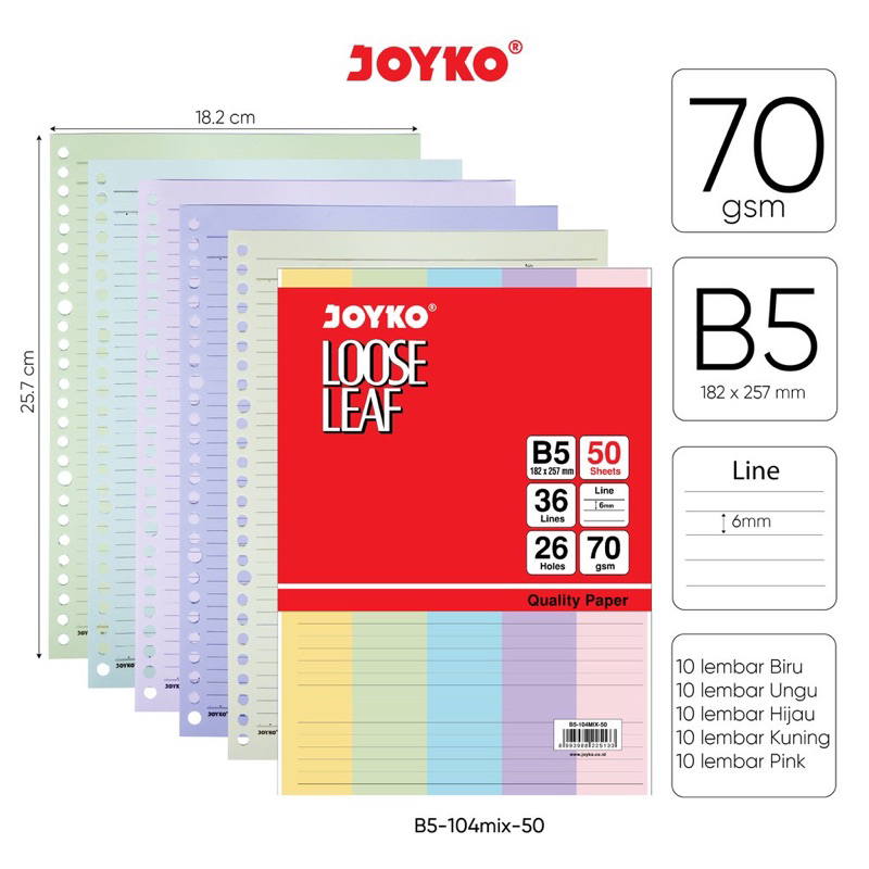 

Loose Leaf Color Isi Kertas File Binder Warna Joyko B5