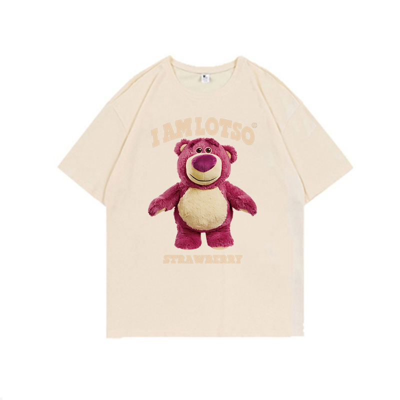 Kaos couple American Vintage Strawberry Bear Pattern printing Overszie T-shirt baju kaos wanita/Kaos Lotso Toy story Washed | Baju ToyStory Oversized