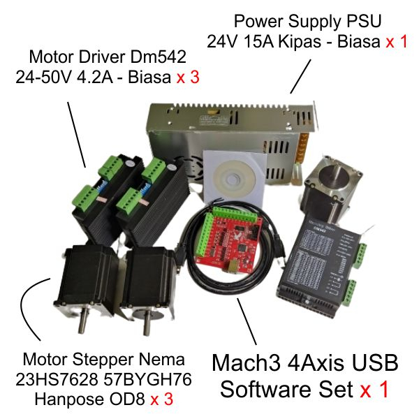 [HAEBOT] Paket CNC Mach3 USB Set 3 DM542 Nema 23 1.89Nm Stepper PSU Bitsensor Router Engraver Laser CO2 24V 15A Milling Elektronik Mesin Ukir Driver Motor Set Mach 3